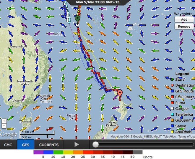 The recommended route for Groupama takes the fleet into mid-Tasman before tacking for New Zealand © PredictWind.com www.predictwind.com